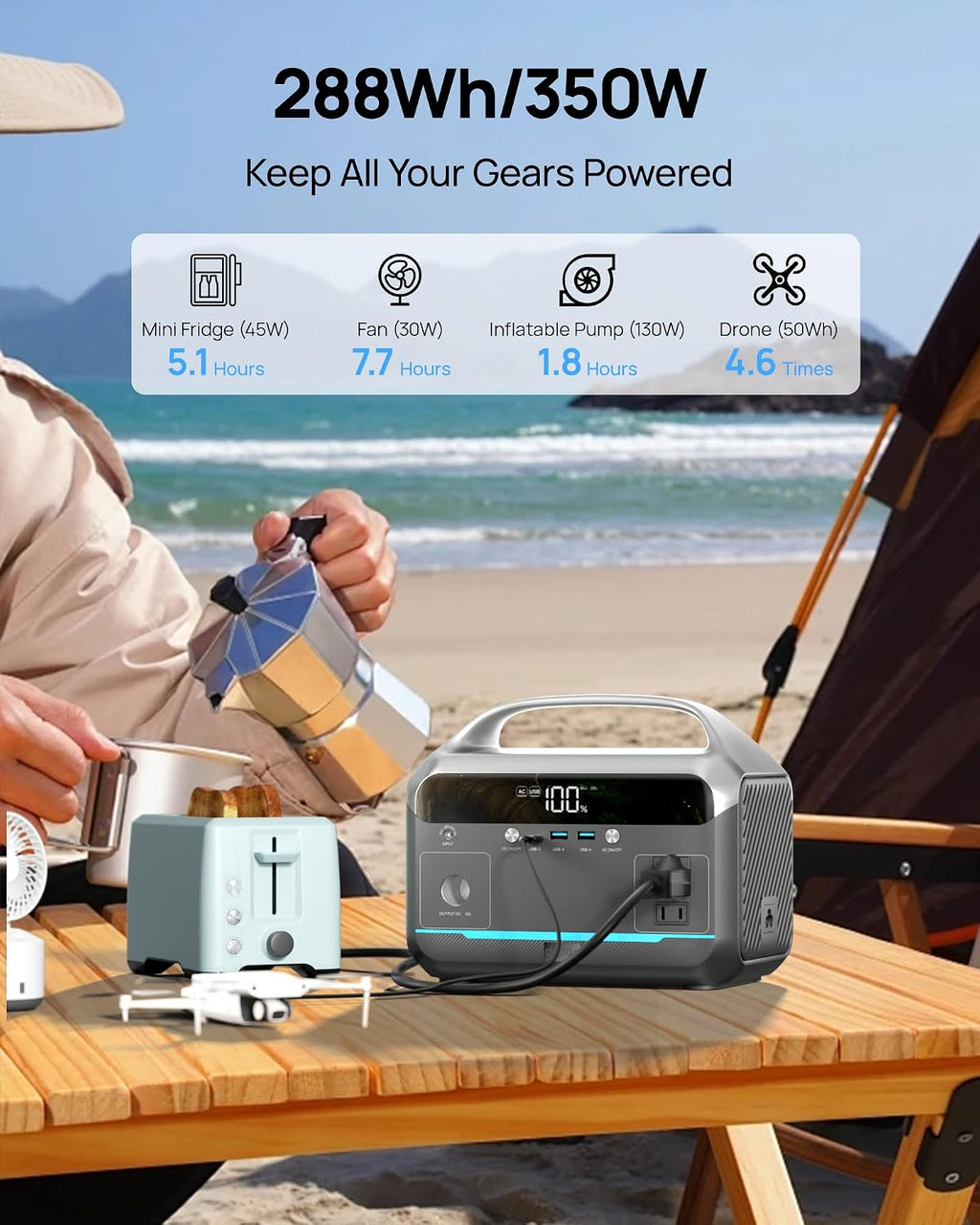 DARAN Portable Power Station with 60W Solar Panel Included, 288Wh LiFePO4 Battery, 350W (600W Peak), 7-Port Design, 2.1Hrs Fast Charing Solar Generators for Home, Outdoor Camping