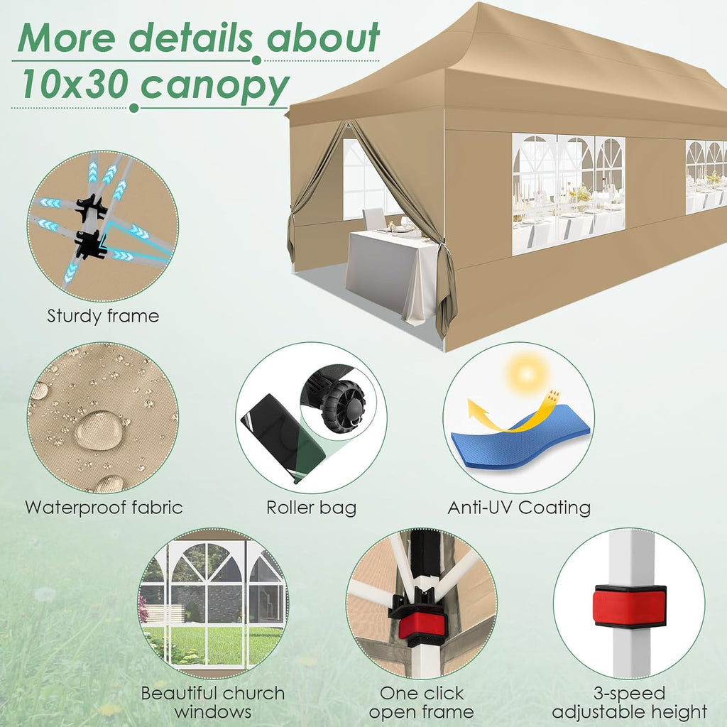 COBIZI 10x30 Pop Up Canopy Party Tents for Parties Waterproof Outdoor Event Shelter with 8 Sidewalls Camping Commercial Wedding Portable Easy to Set up Gazebo Tent for Backyard, Khaki