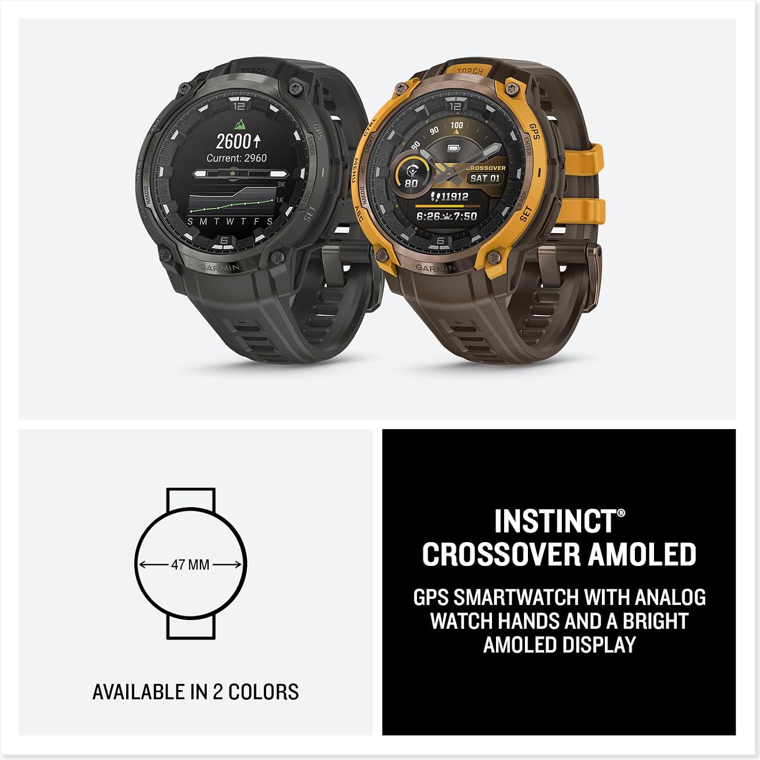 Garmin Instinct Crossover AMOLED, Rugged Hybrid GPS Smartwatch, Analog Watch Hands and Bright Display, Flashlight, Health Tracking | Charcoal, Signature Series Mission-Ready Power Dock