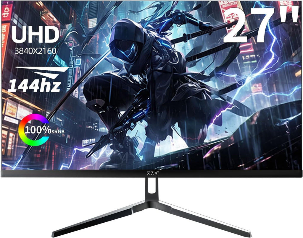 ZZA 27 Inch 4K Gaming Monitor,UHD(3840x2160) 4K 144Hz Flat Monitor, Adaptive Sync,HDMI 2.1 & DP 1.4,Tilt Adjustment PC Monitor, Wall Mountable, for Work, Streaming, and Home Office, Black
