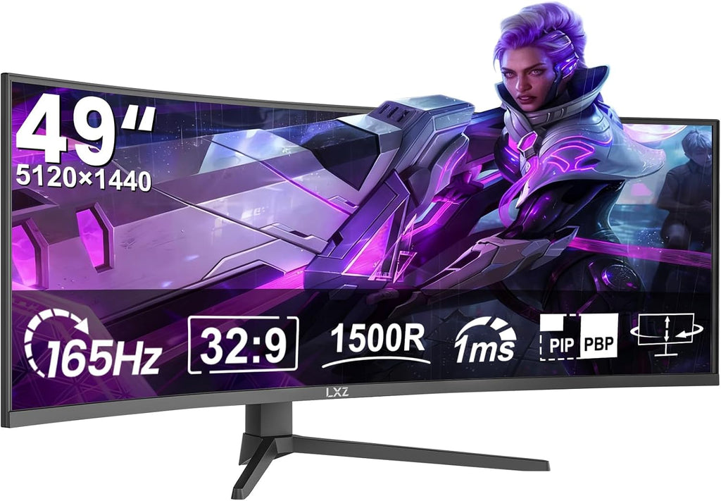 LXZ 49.5' Curved Gaming Monitor, 5120x1440 DQHD Ultrawide 32:9, 165Hz, 1ms MPRT, AMD FreeSync Premium, Height/Pivot/Swivel Adjustable, HDMI 2.1 & DP 1.4, VESA 75×75mm Mount Compatible