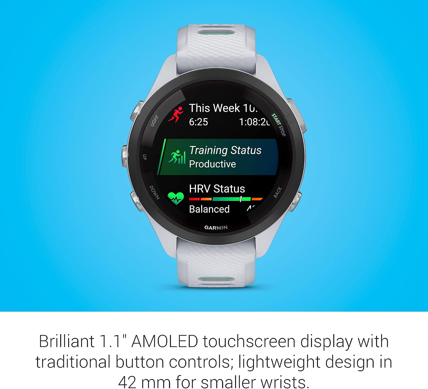 Garmin Forerunner 265S Running Smartwatch, Colorful AMOLED Display, Training Metrics and Recovery Insights, Whitestone and Neo Tropic