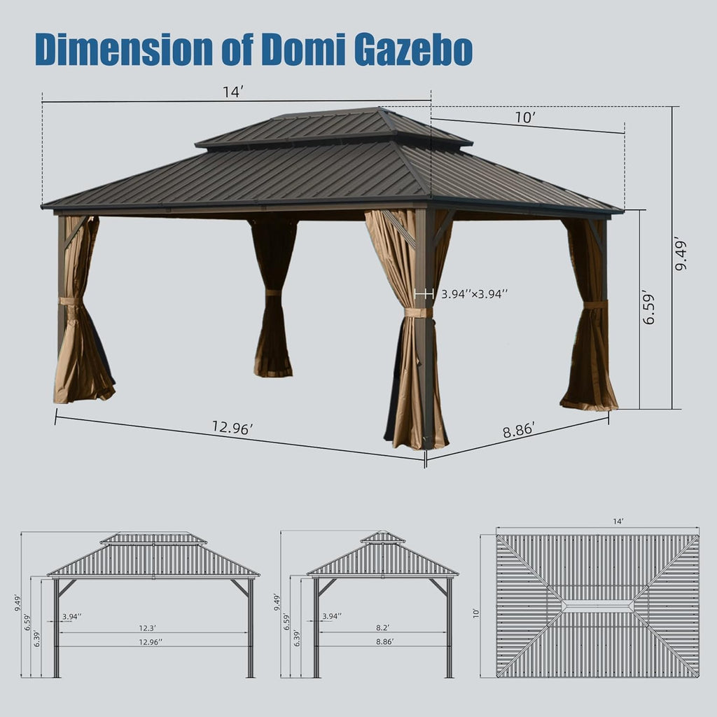 Domi 10' x 14' Hardtop Gazebo, Outdoor Metal Gazebo for Patios with Galvanized Steel Double Roof, Heavy Duty Curtains and Netting Included, Permanent Pergola for Backyard, Garden Lawn, Brown