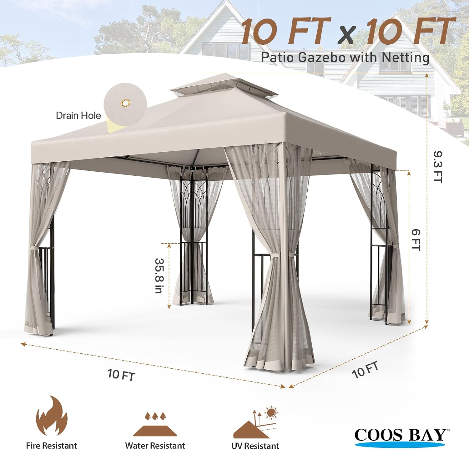 COOS BAY 10x10 Patio Gazebo with Corner Shelves, Two Tier Soft Top Canopy with Mesh Netting for Backyard, Garden, Lawn, Outdoor Events, Beige