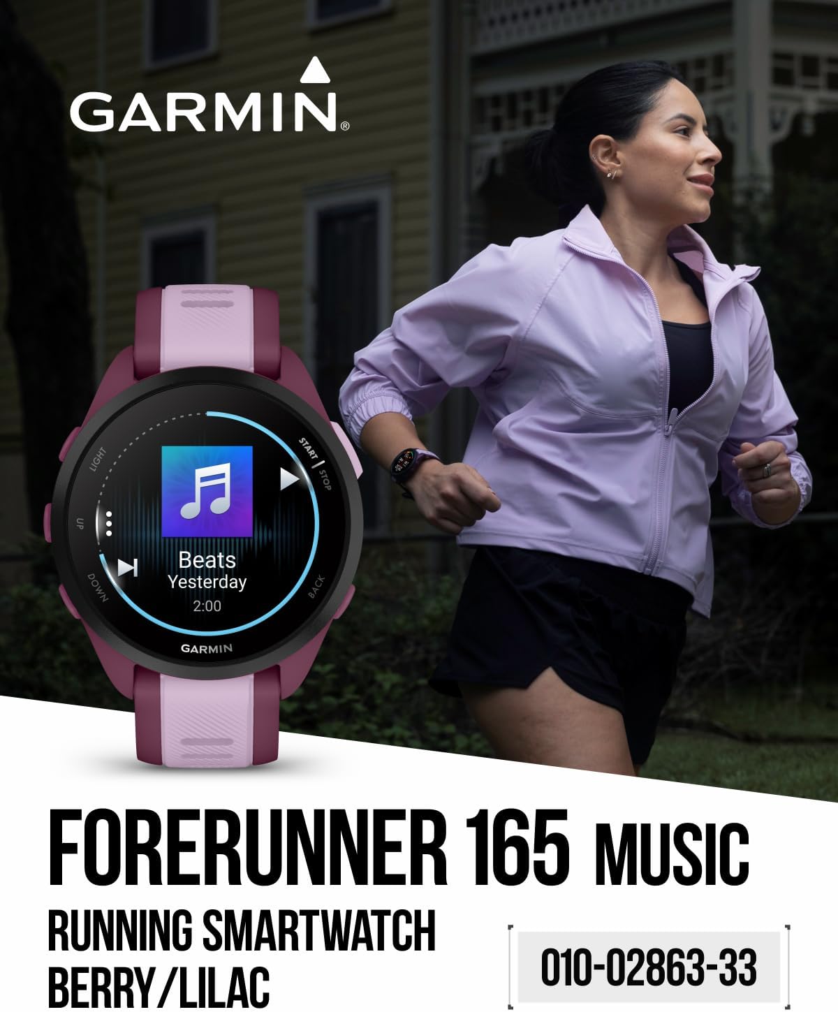 Garmin Forerunner 165 Music Running Smartwatch, Colorful AMOLED Touchscreen, Training Metrics and Recovery Insights Includes PowerPack +Adapters Bundle, Berry/Lilac