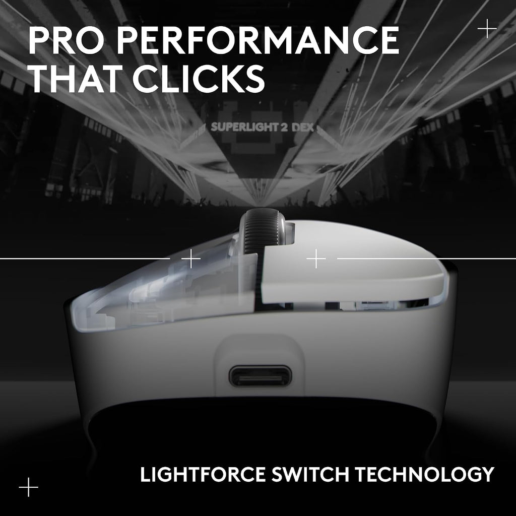 Logitech G PRO X Superlight 2 DEX Wireless Gaming Mouse, 60g pro-Grade Right-Handed Mouse with 5 programmable Buttons, USB-C Charging, 44k DPI Sensor, up to 8 kHz Polling for PC/Mac - White