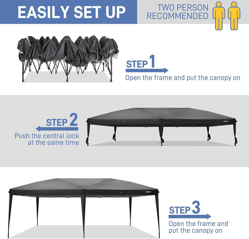 VINGLI 10x20 ft Pop Up Canopy Tent with 6 Sidewalls with Carry Bag, Outdoor Canopy Patio Event Tent Commercial Canopy(Black)
