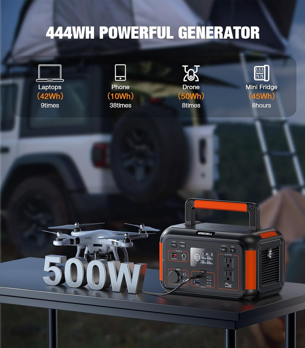 GRECELL 500W Portable Power Station 444Wh Solar Generator with 110V Pure Sine Wave AC Outlet/PD60W, 1000W Peak power station for Camping Trip RV Outdoor Home Emergency Backup & Solar Powered