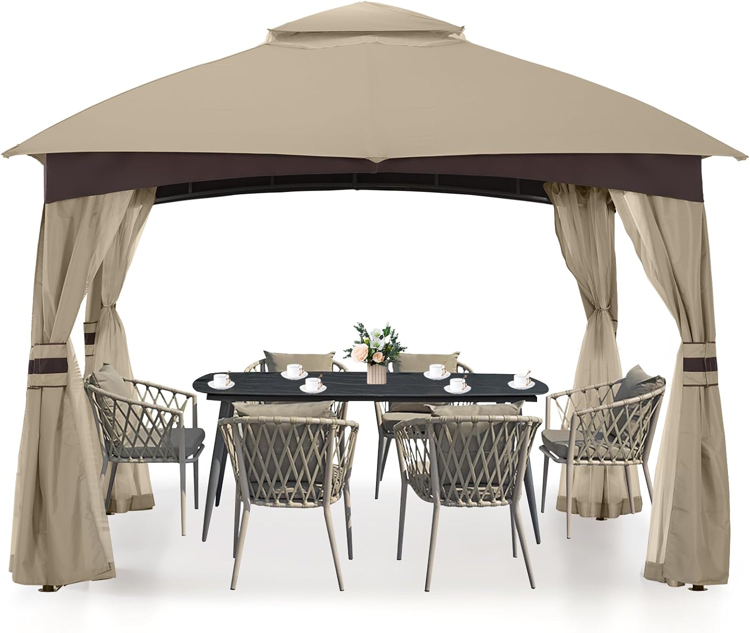 MASTERCANOPY Outdoor Patio Gazebo for Garden with Upgrade Steel Frame and Netting Walls (8x8,Khaki)