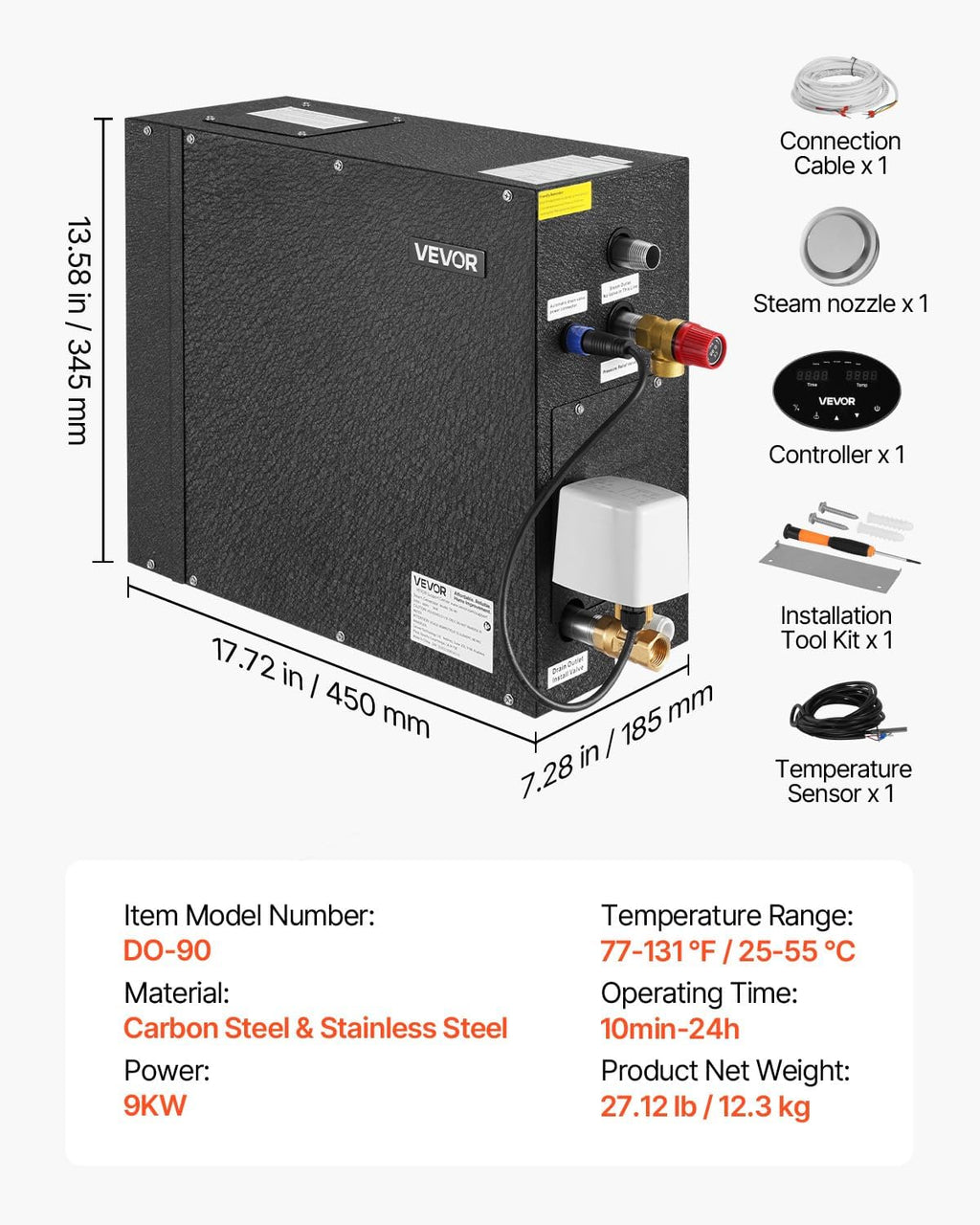 VEVOR Steam Generator, 9 kW Steam Shower System with Controller for Home Sauna & Spa, Commercial Auto Drain Kit with Overheat, Dry-Run & Overpressure Protection, 10min to 24h Timer, Black