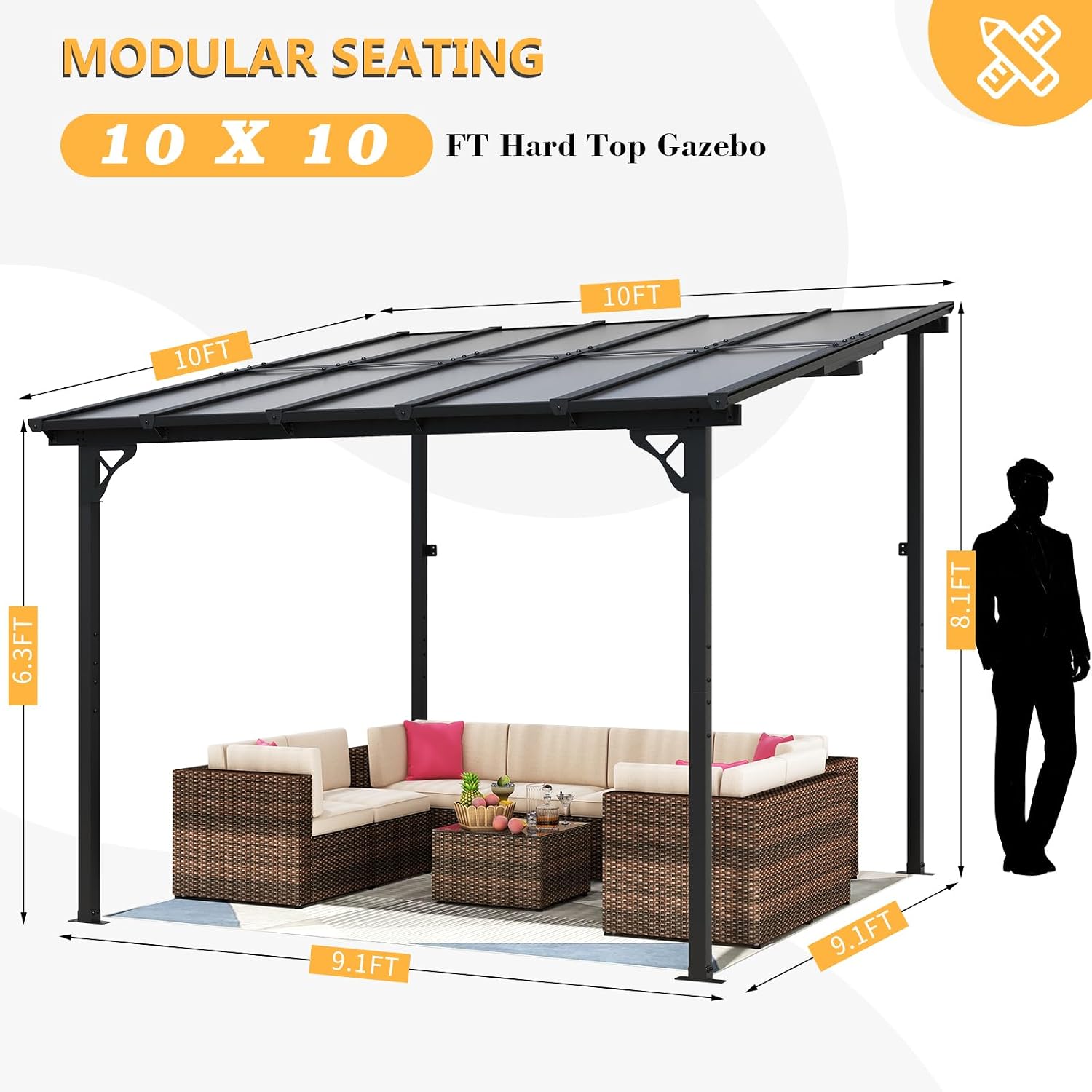 10' x 10' Gazebo for Patio, Gazebo Pergola with Sloped Roof, Large Wall-Mounted Heavy Duty Awnings, for Backyard, Patio, Deck and More