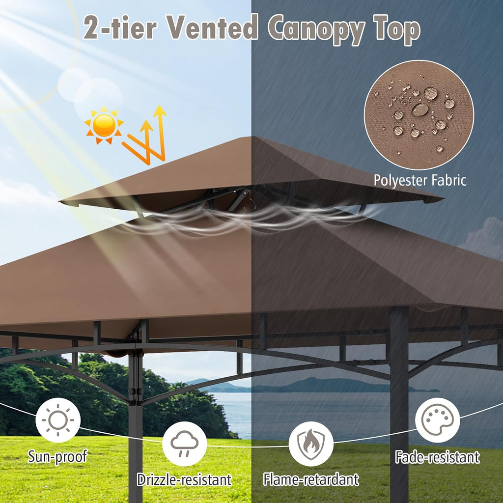 HAPPYGRILL 8 x 5 FT BBQ Grill Gazebo with 2 Side Shelves, Storage Basket, Hanging Hooks, Bottle Opener, Double-Tiered Top, Metal Frame, Outdoor Barbecue Canopy, Grilling Shelter for Patio Garden Yard