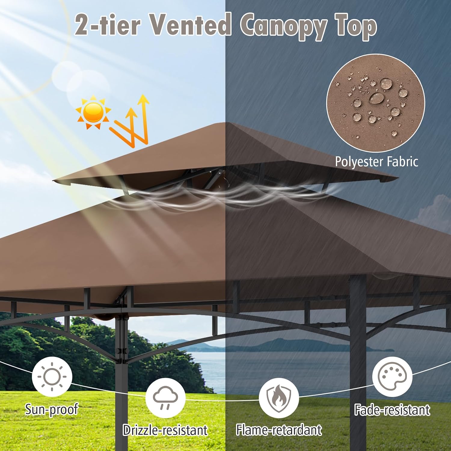 HAPPYGRILL 8 x 5 FT BBQ Grill Gazebo with 2 Side Shelves, Storage Basket, Hanging Hooks, Bottle Opener, Double-Tiered Top, Metal Frame, Outdoor Barbecue Canopy, Grilling Shelter for Patio Garden Yard