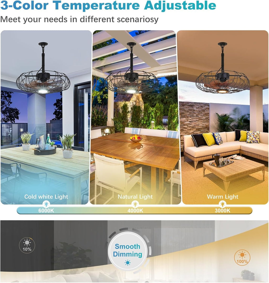20'' Outdoor Gazebo Fan with Lights, IP64 Waterproof Caged Ceiling Fan with Remote and Hanging Hook, 3CCT Dimmable 6-Speed Reversible Motor, Outside Plug in Ceiling Fans for Patio Porch Canopy, Black