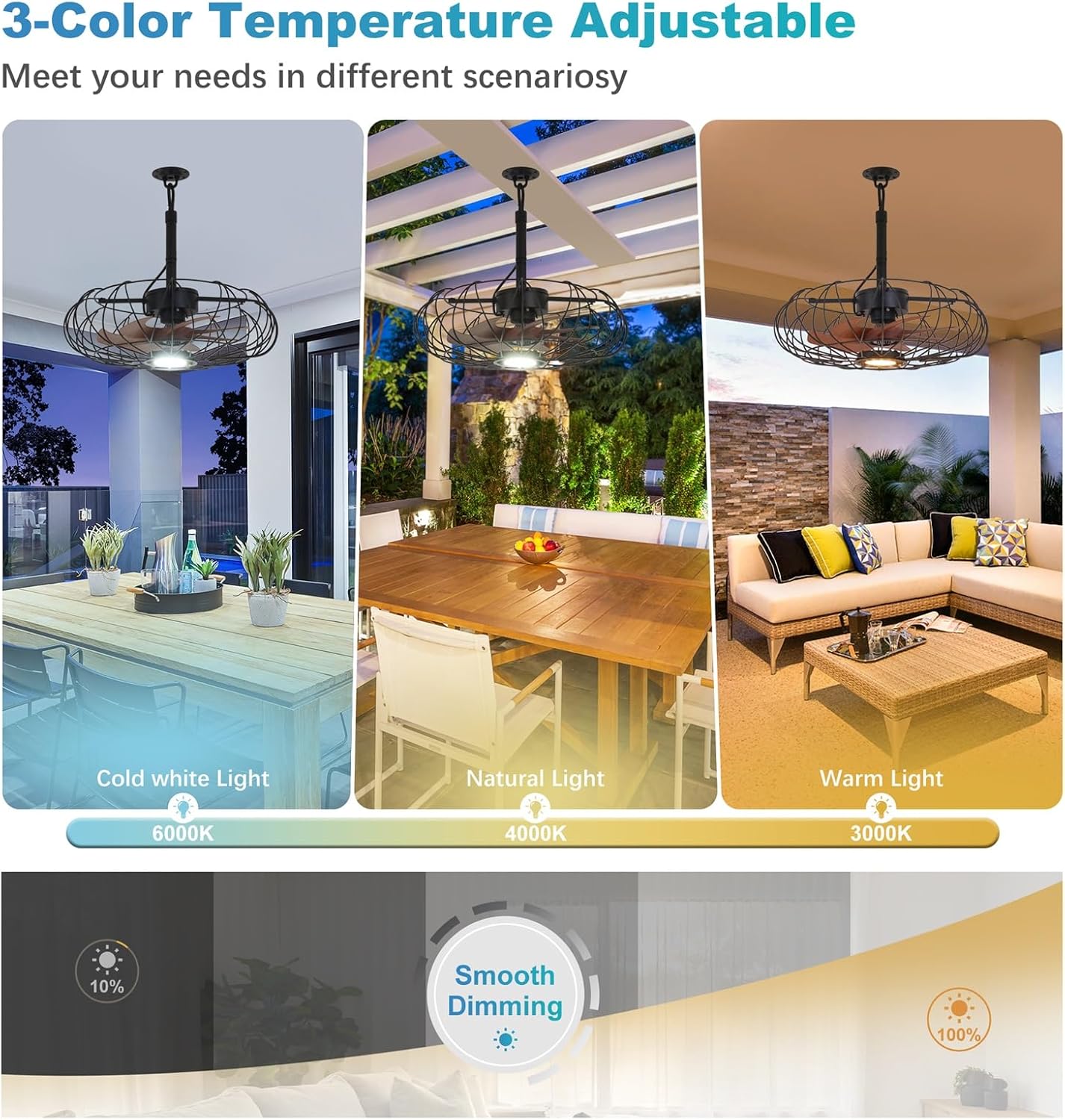 20'' Outdoor Gazebo Fan with Lights, IP64 Waterproof Caged Ceiling Fan with Remote and Hanging Hook, 3CCT Dimmable 6-Speed Reversible Motor, Outside Plug in Ceiling Fans for Patio Porch Canopy, Black