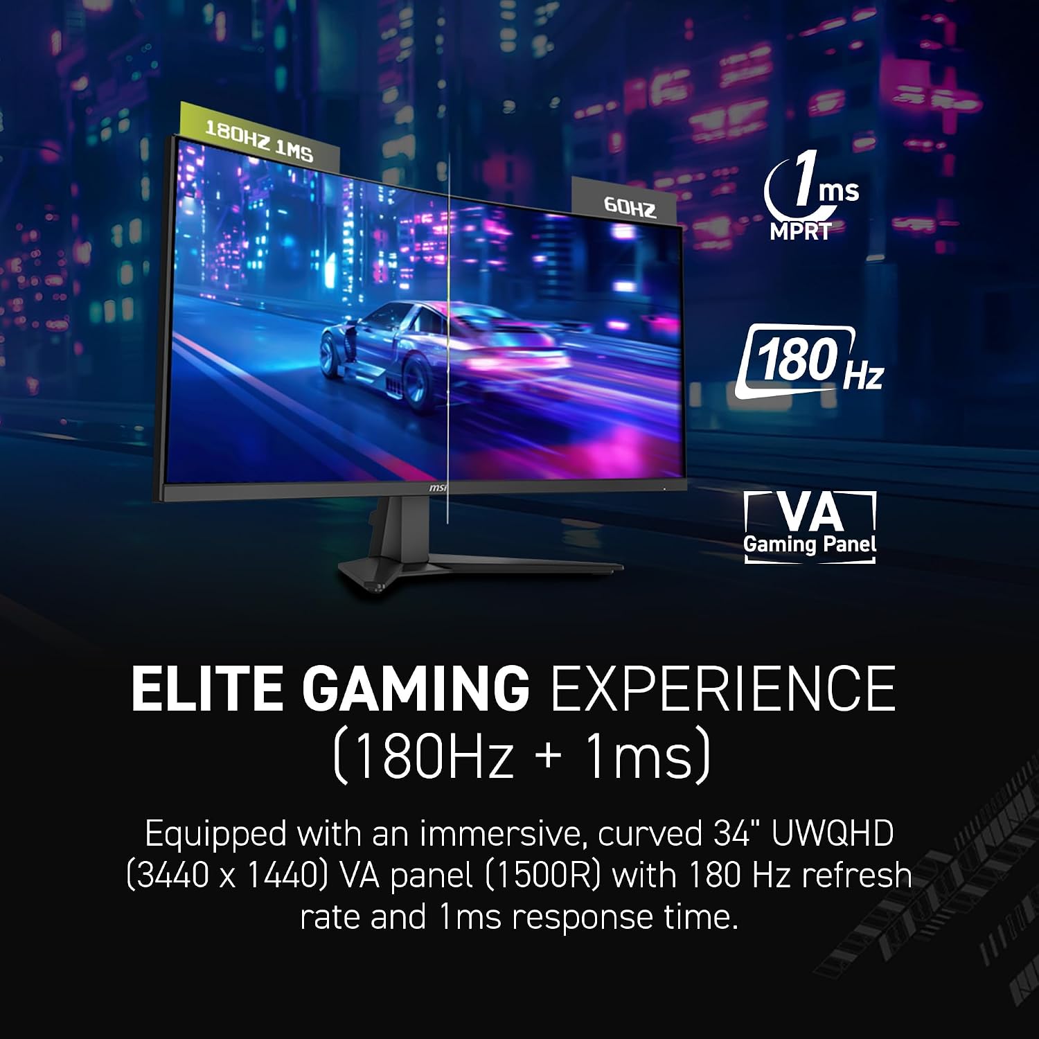 msi MAG 346CQ 34-inch 3440 x 1440 (UWQHD) Gaming Monitor, 180Hz, Adaptive-Sync, HDMI, DisplayPort, VESA Mountable, Tilt, Height Adjustable, Speaker, 1ms, Black