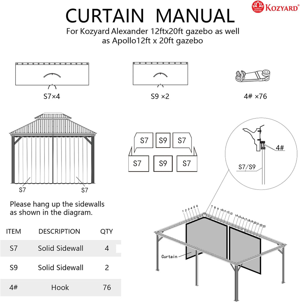 Kozyard 12' x 20'Outdoor Gazebo Privacy Curtain Sidewall, Waterproof Patio Privacy Curtain with Center-Zip Design, Replacement for Hardtop Gazebo Gray