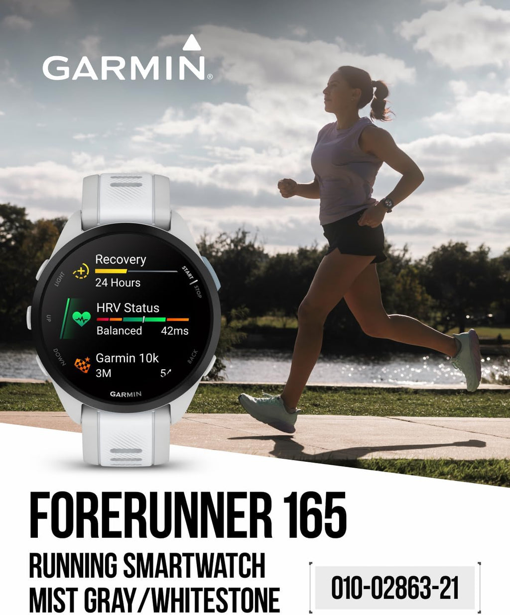 Garmin Forerunner 165 Running Smartwatch, Colorful AMOLED Touchscreen, Training Metrics and Recovery Insights Includes PowerPack and Adapters Bundle, Mist Gray/Whitestone