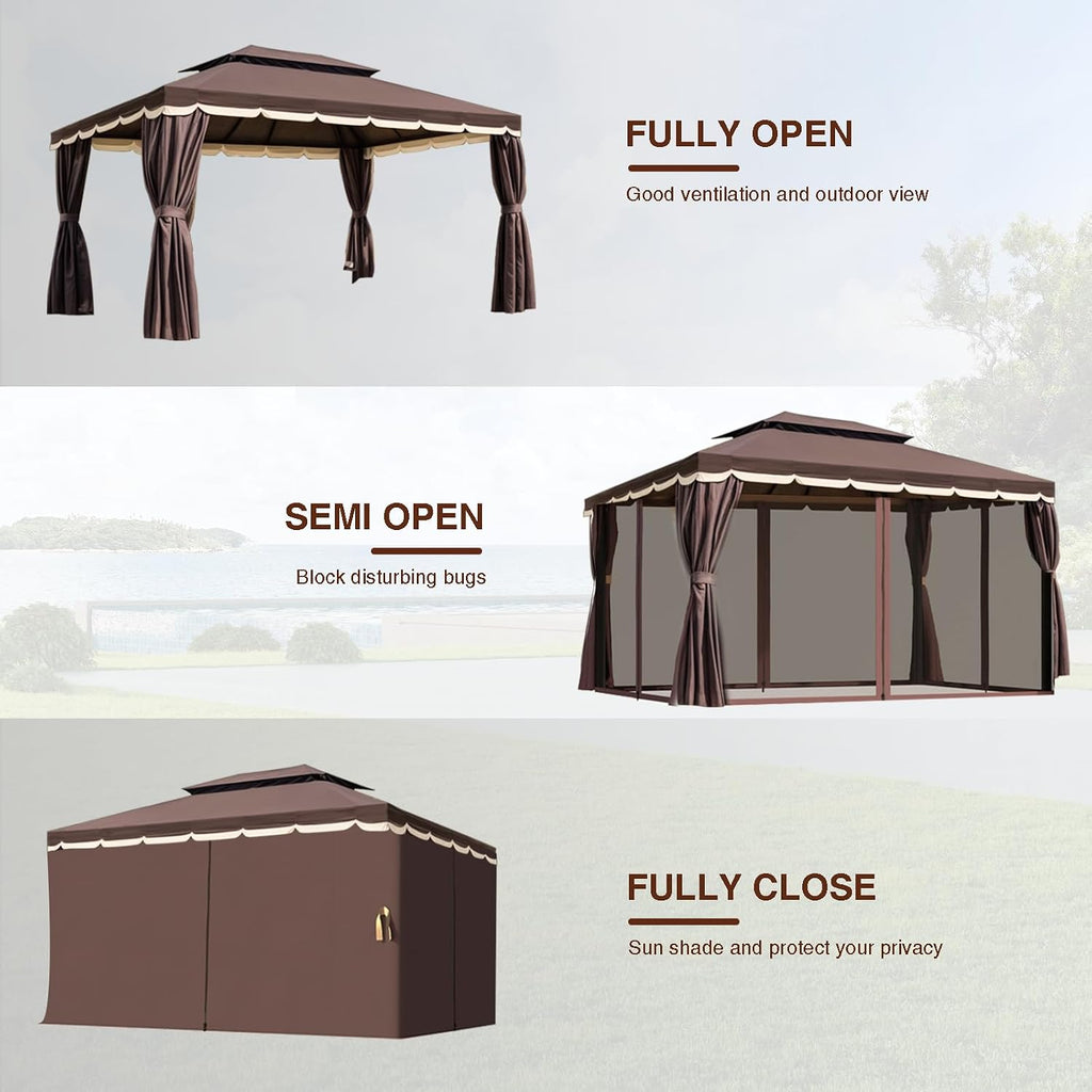Gazebo for Patio, Outdoor 10x13 Gazebo Canopy Tent with Mosquito Netting & Curtains, Party Tent Shelter with Waterproof Double Vented Roof for Garden, Deck, Backyard, Lawn (Brown)