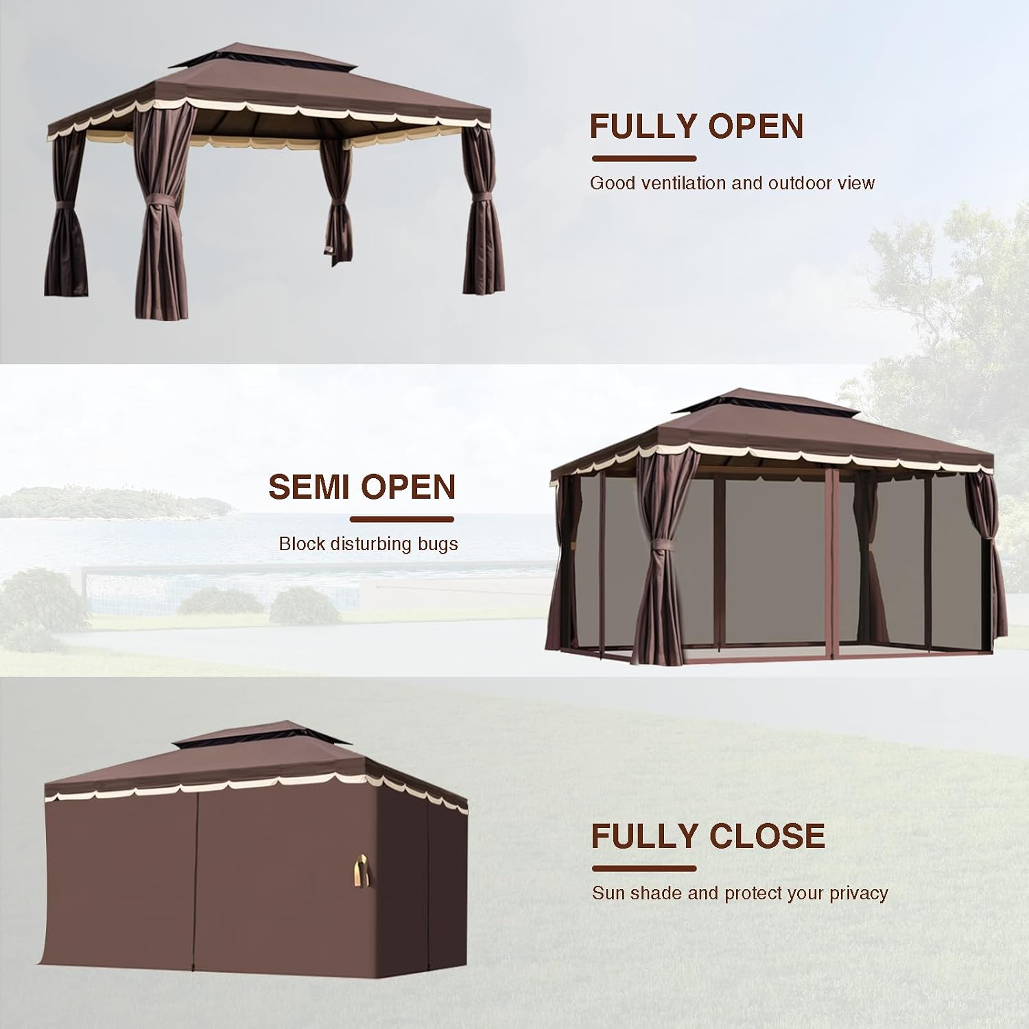 Gazebo for Patio, Outdoor 10x13 Gazebo Canopy Tent with Mosquito Netting & Curtains, Party Tent Shelter with Waterproof Double Vented Roof for Garden, Deck, Backyard, Lawn (Brown)