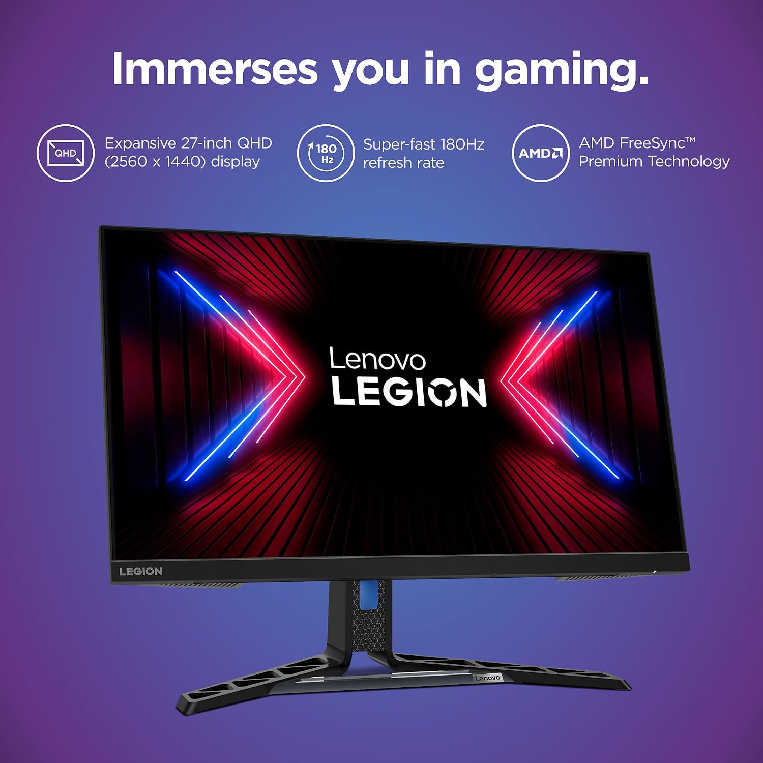 Lenovo Legion R27q-30 Gaming Monitor, 27' QHD Display, 180Hz, 0.5ms Response, AMD FreeSync Premium, Lift/Tilt/Pivot/Swivel Stand, HDMI 2.1 and DisplayPort 1.4, 350 nits, Raven Black