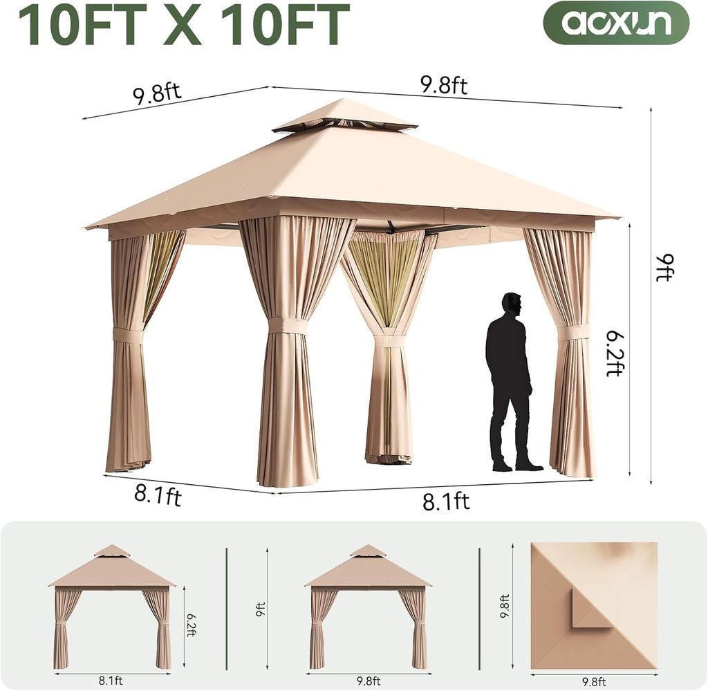 Aoxun Outdoor Gazebo for Patio 10x10 Metal Frame Canopy with Double Roofs Heavy Duty Party Tent and Shelter with Mosquito Netting and Privacy Screen for Backyard, Lawn, Garden, Deck (Khaki)