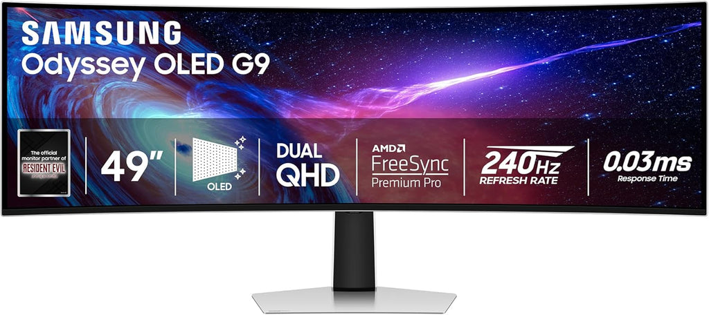 Samsung 49' Odyssey G93SC Series Curved Gaming Monitor, QD-OLED, 240Hz, 0.03ms, DQHD, G-Sync Compatible, FreeSync Premium Pro, Adjustable Stand