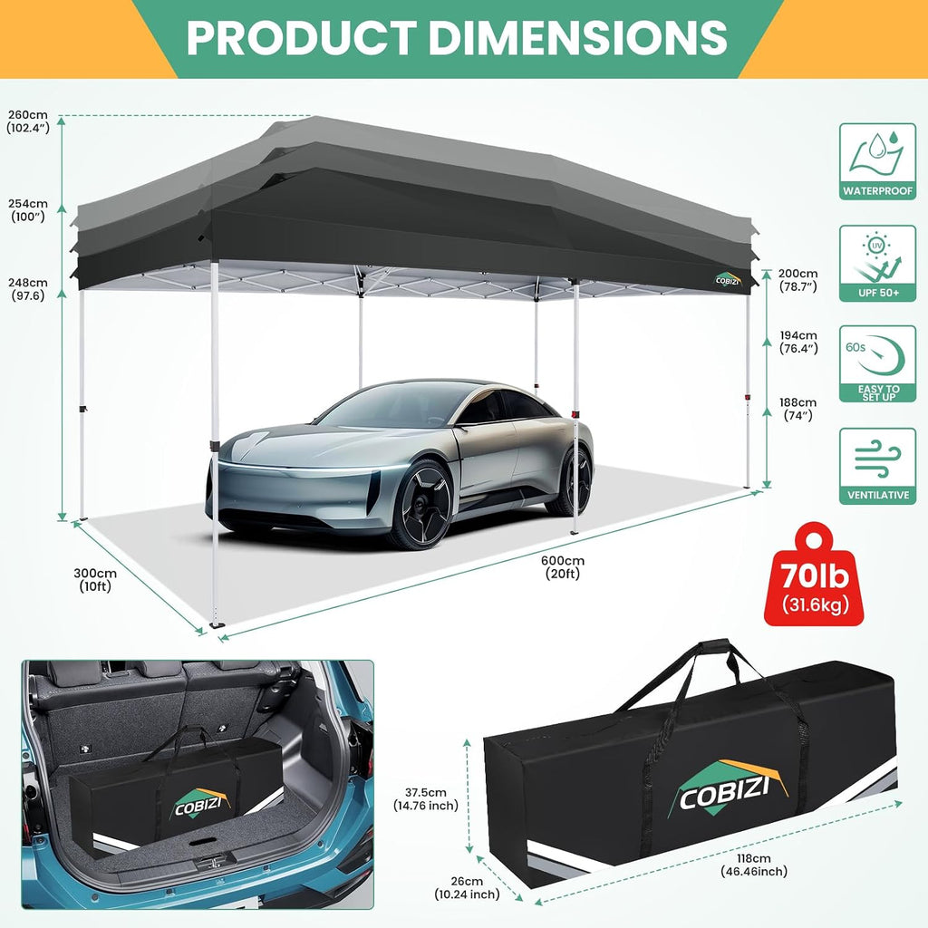COBIZI 10x20 Pop Up Canopy Tent, One Push Easy Up Gazebo with 6 Removable Sidewalls & Air Vent, Waterproof UV50+ Commercial Canopy with 4 Sandbags, Stakes & Ropes for Parties/Wedding/Backyard, Black