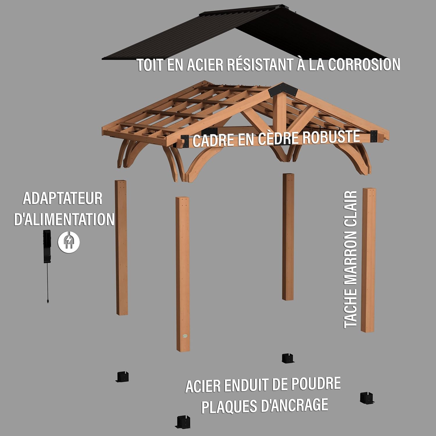 Backyard Discovery Arlington 12' x 10' Cedar Wood Outdoor Gazebo Pavilion with Hardtop Galvanized Steel Peak Roof, Snow Support, Wind Resistance, PowerPort, Shade for Garden, Patio, Deck, Entertaining