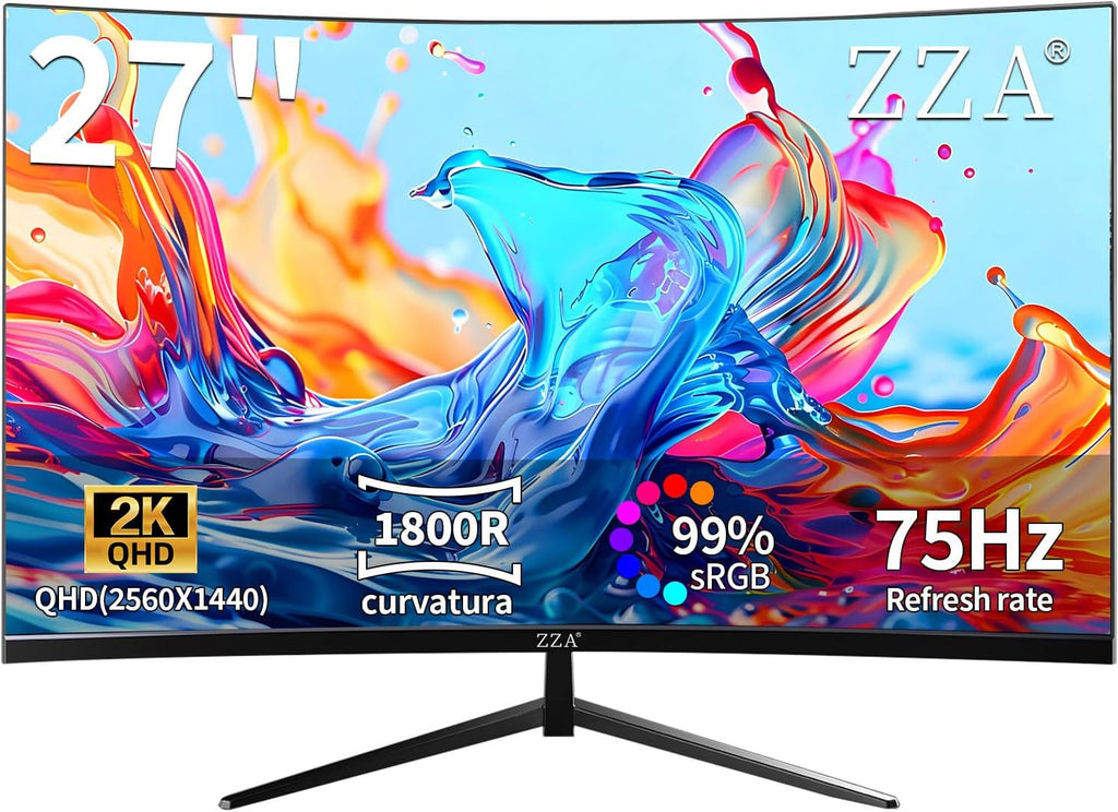 ZZA 27 Inch Curved Gaming Monitor-2K QHD (2560x1440) 75Hz Display,HDMI/DP USB Connectivity,Tilt Adjustable,Wall Mountable,Perfect for PC Gaming Office