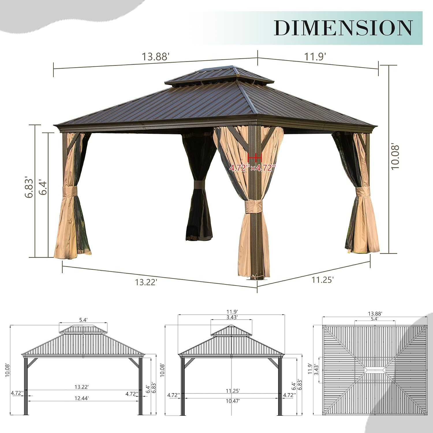 Domi 12x14 Outdoor Gazebo, Hardtop Gazebo with Aluminum Frame, Heavy Duty Pavilion Gazebo for Patio Deck Backyard, Curtain and Netting Included, Dark Brown