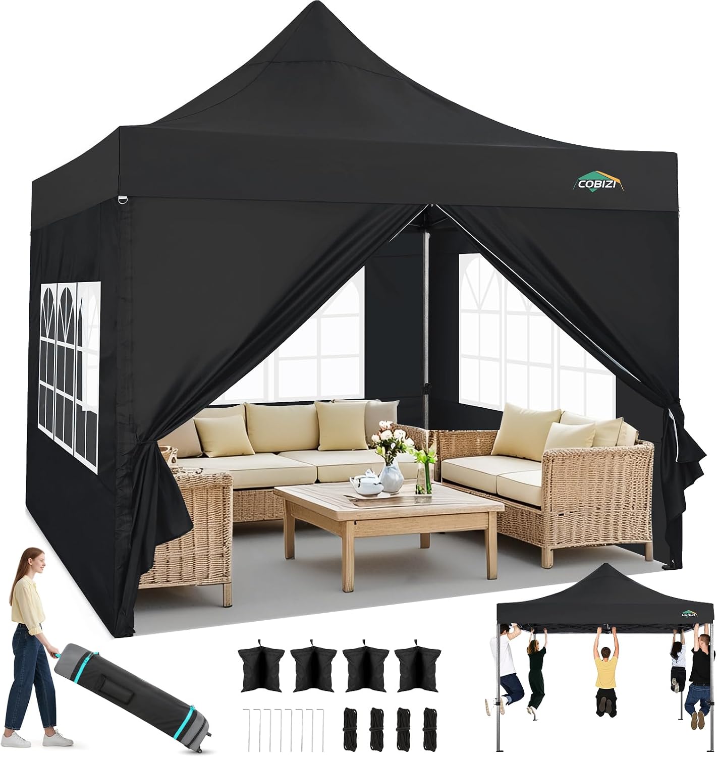 COBIZI 10x10 Heavy Duty Pop Up Canopy Tent with 4 Sidewalls Thicken Frame, Commercial Easy Up Outdoor Wedding Party Tents, All Season Waterproof Windproof with Stakes Sandbags Ropes Roller Bag, Black