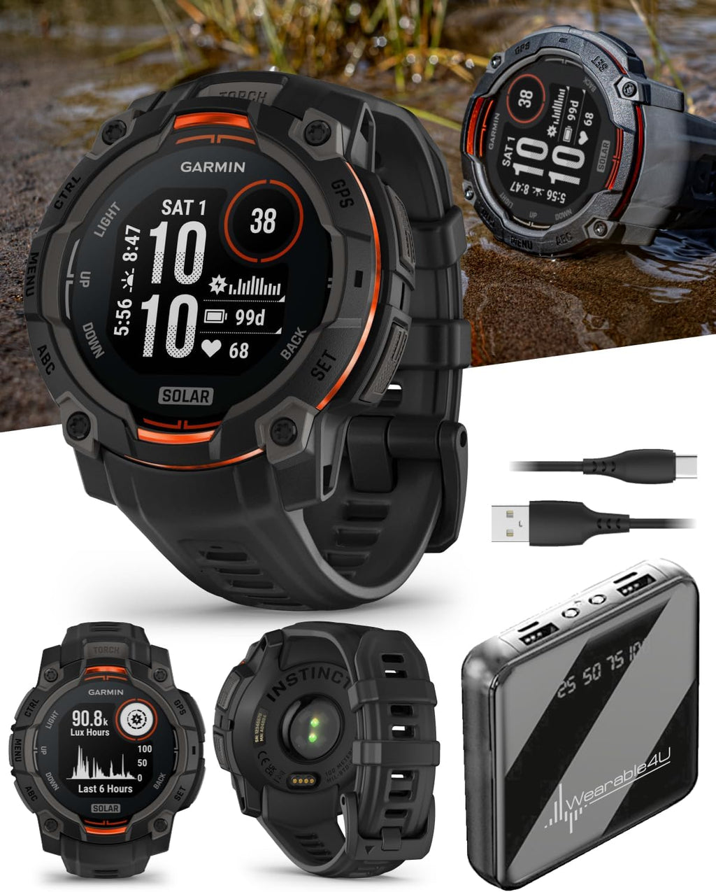 Garmin Instinct 3 Solar 45 mm, Rugged Outdoor GPS Smartwatch, Metal-Reinforced Bezel, Built-in Flashlight, Up to 28 Days of Battery Life, Black with Black Band Bundle