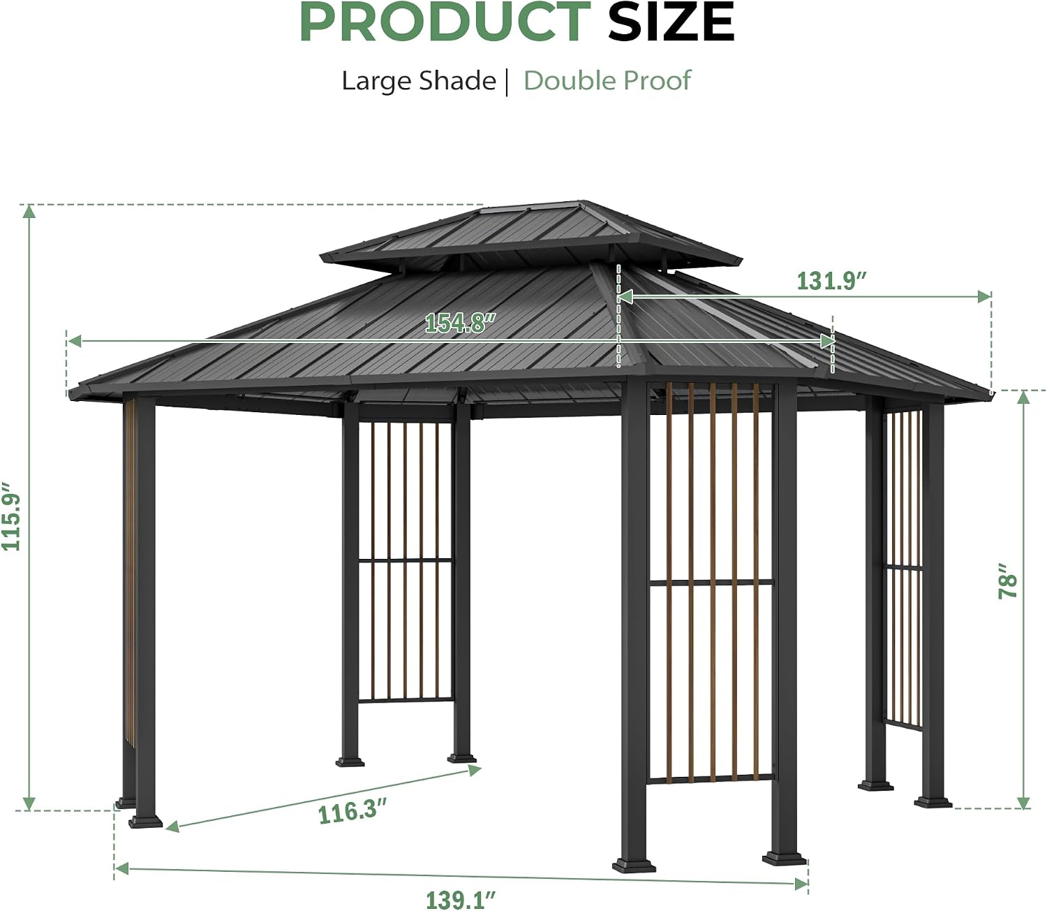 11' x 13' Hardtop Gazebo, Outdoor Octagonal Gazebo with Galvanized Steel Double Roof, Metal Frame with Dual Rail and Ceiling Hook, Outdoor Octagon for Patio Garden Backyard