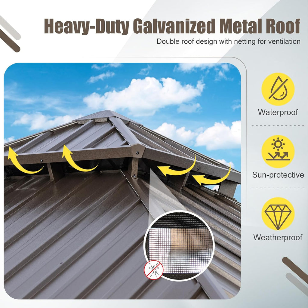 Tangkula 10x10 FT Hardtop Gazebo, Permanent Pavilion Shelter with Netting & Curtain, Heavy-Duty Double Galvanized Metal Roof, Aluminum Frame, Outdoor Gazebo for Patio Garden Deck Lawn Backyard