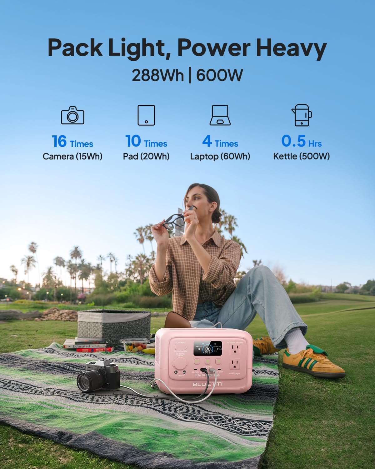 BLUETTI Elite 30 V2 Portable Power Station, 288Wh Solar Generator with 600W AC Outlet (Power Lifting 1500W), Fast Recharge LiFePO4 Battery, UPS Backup Power for Camping, Road Trip, Outage