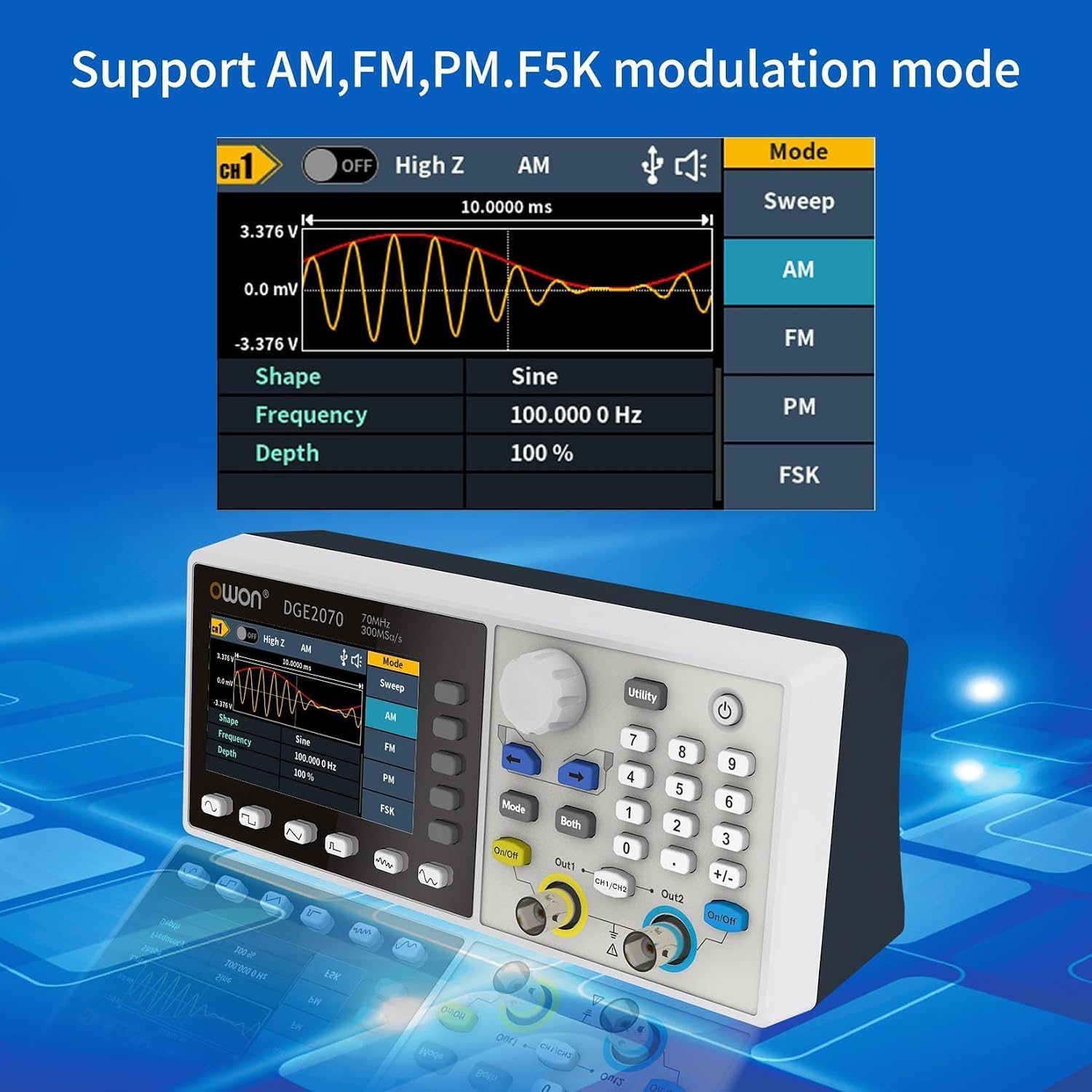 OWON DGE2070 70MHz Dual Channel Arbitrary Waveform Generator, 300MSa/s Sampling Rate, 14-Bit Resolution, 150 Built-in Waveforms, 3.6' LCD, Portable Signal Generator for Lab & Electronics Testing