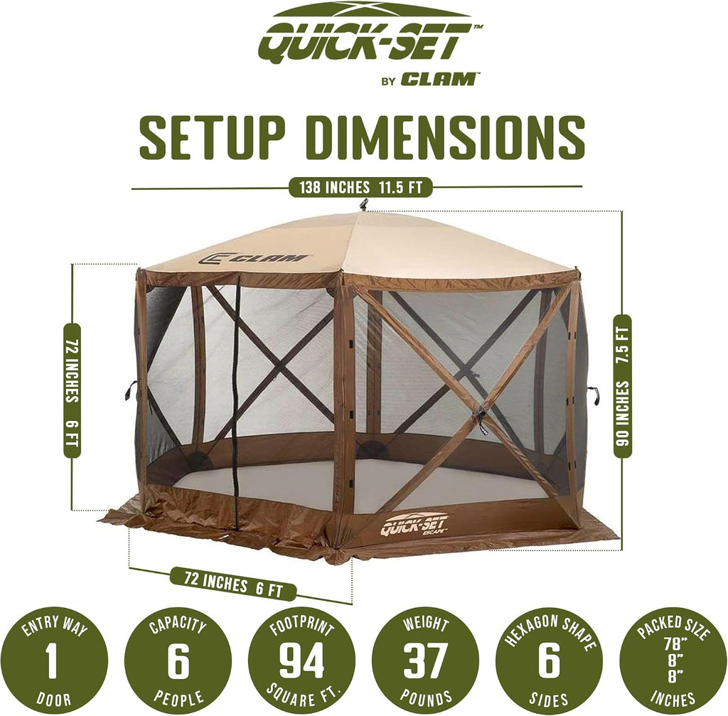CLAM Escape 11.5' Pop-Up Screen Tent – Brown Outdoor Camping Gazebo Canopy with No-See-Um Mesh, Carry Bag & Stakes – 6-Sided Portable Shelter for Camping, Picnics, & Events – Fast 45-Second Setup