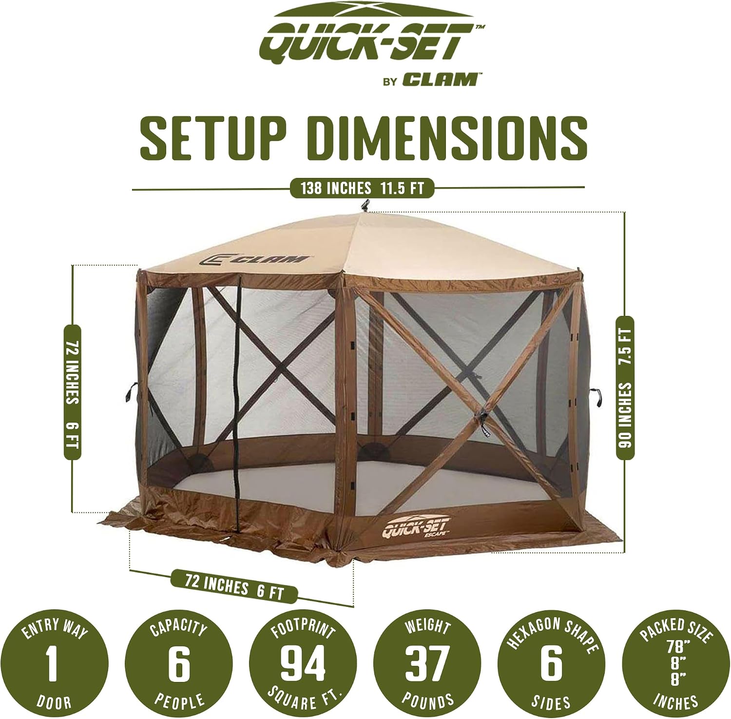 CLAM Escape 11.5' Pop-Up Screen Tent – Brown Outdoor Camping Gazebo Canopy with No-See-Um Mesh, Carry Bag & Stakes – 6-Sided Portable Shelter for Camping, Picnics, & Events – Fast 45-Second Setup