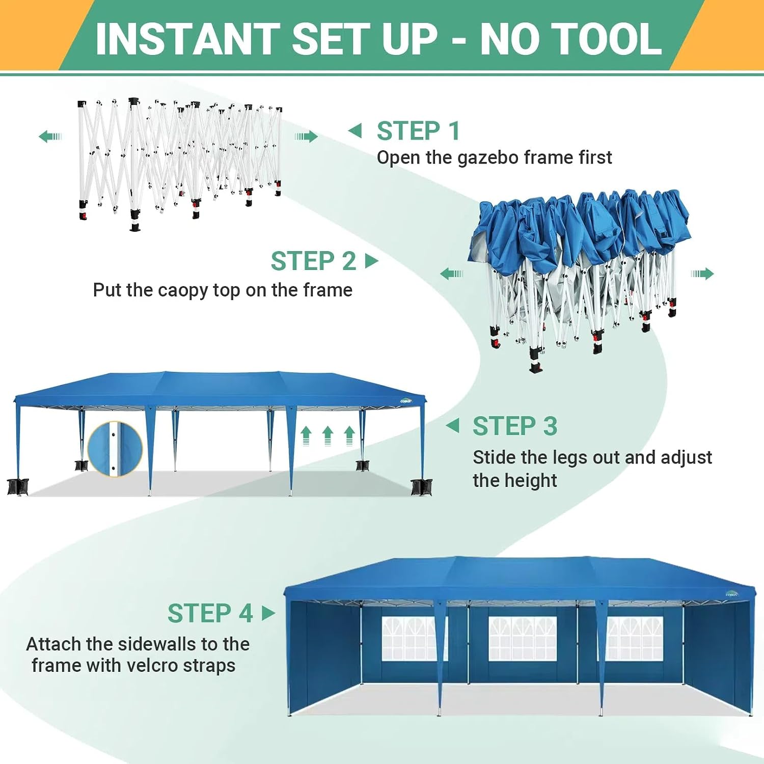 COBIZI 10x30 Pop Up Canopy Tent with 5 Sidewalls Party Tents for Parties Weddings Backyard Waterproof Commercial Instant Outdoor Events Tent with Stakes, Ropes,Sandbags（10 x 30 ft Blue