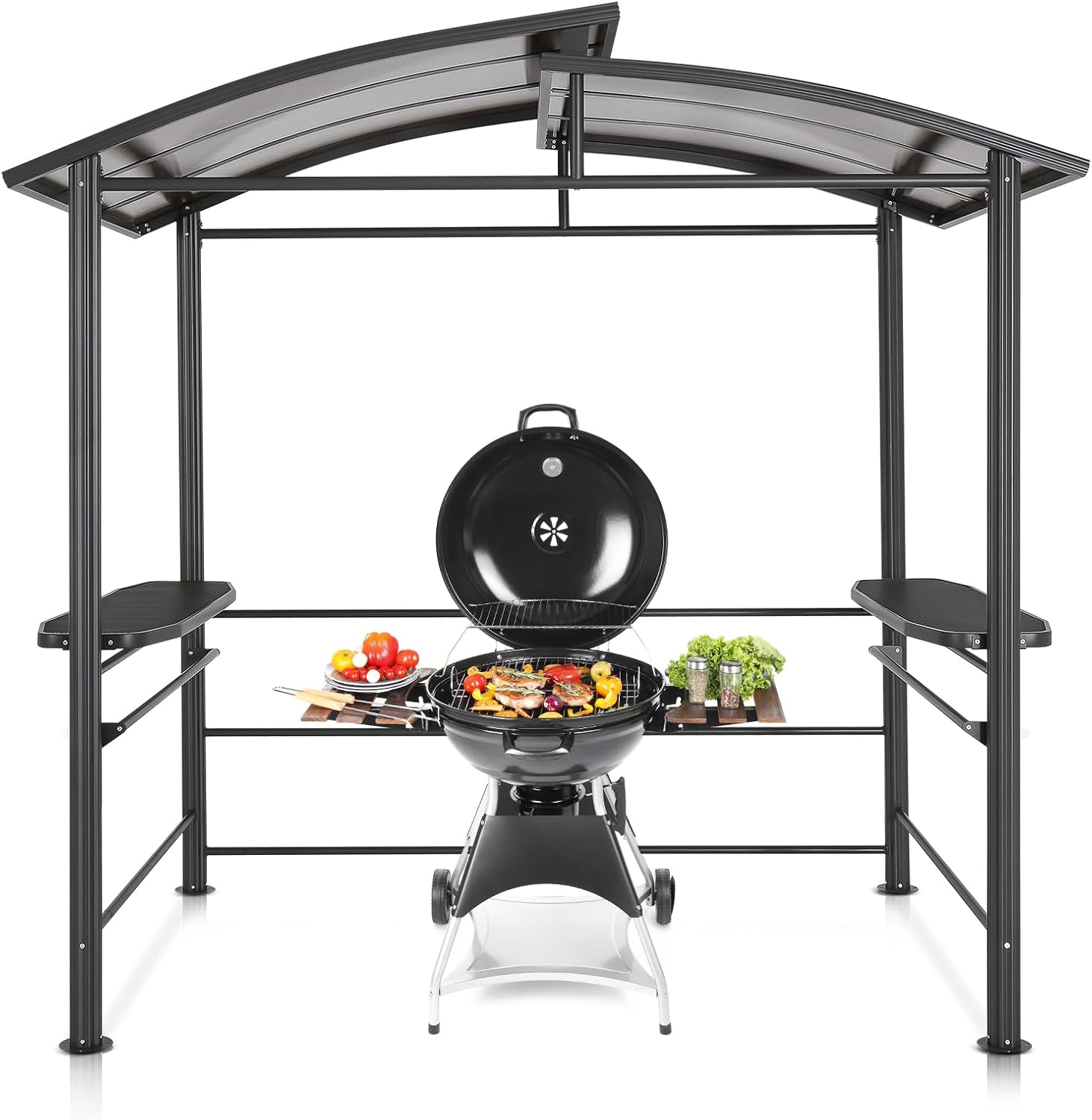 EAGLE PEAK 8x5 ft Grill Gazebo, Steel Frame Outdoor BBQ Cover, Double-Tier Polycarbonate Barbecue Canopy with Shelves