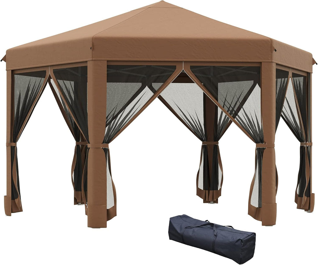 Outsunny 13' x 11' Hexagonal Pop Up Gazebo, Heavy Duty Outdoor Canopy Tent with 6 Mesh Sidewall Netting, 3-Level Adjustable Height and Strong Steel Frame, Brown