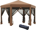 Outsunny 13' x 11' Hexagonal Pop Up Gazebo, Heavy Duty Outdoor Canopy Tent with 6 Mesh Sidewall Netting, 3-Level Adjustable Height and Strong Steel Frame, Brown
