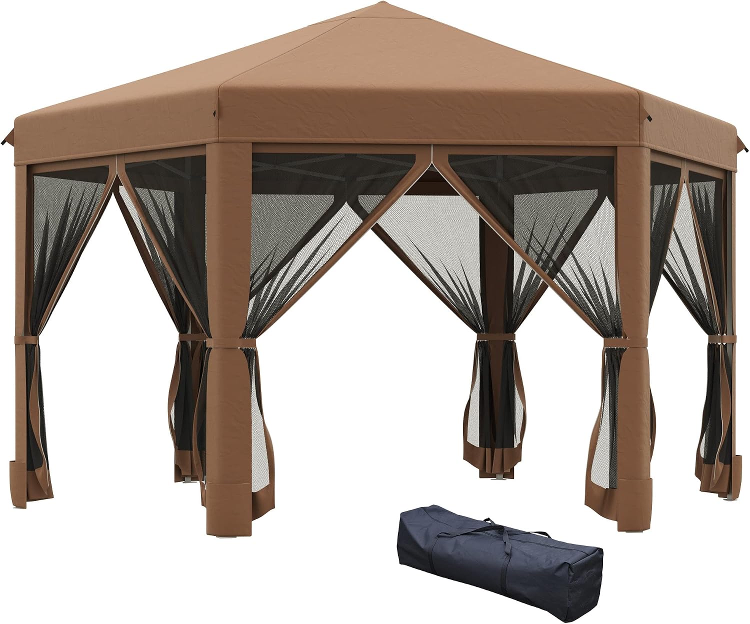 Outsunny 13' x 11' Hexagonal Pop Up Gazebo, Heavy Duty Outdoor Canopy Tent with 6 Mesh Sidewall Netting, 3-Level Adjustable Height and Strong Steel Frame, Brown