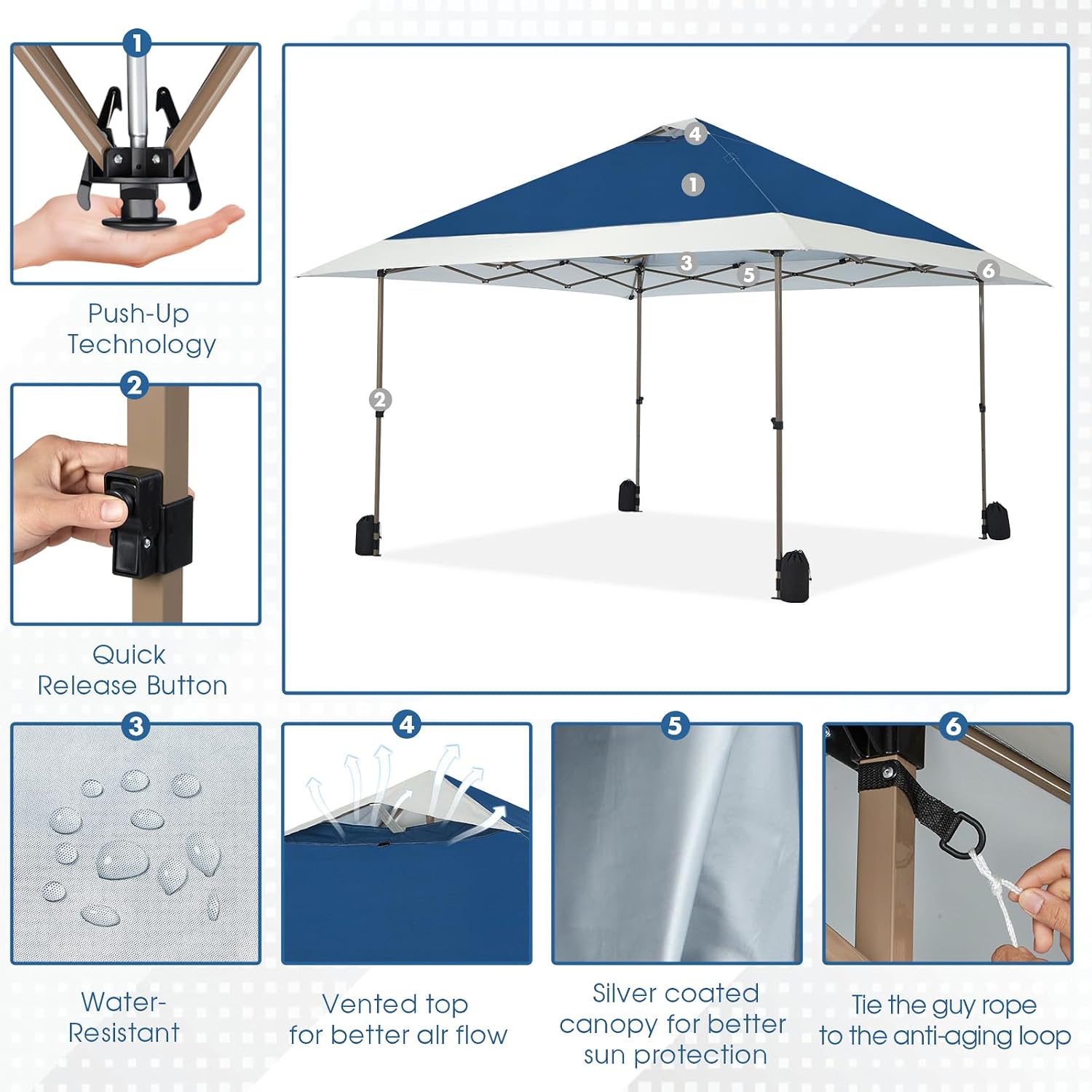 OUTDOOR LIVING SUNTIME 13x13 Instant Easy Pop Up Canopy,Portable Commercial Gazebo Camping Gazebo Tent Shelter with Wheeled Roller Carry Bag, Bonus Weight Sandbags, Stakes, Ropes - Navy