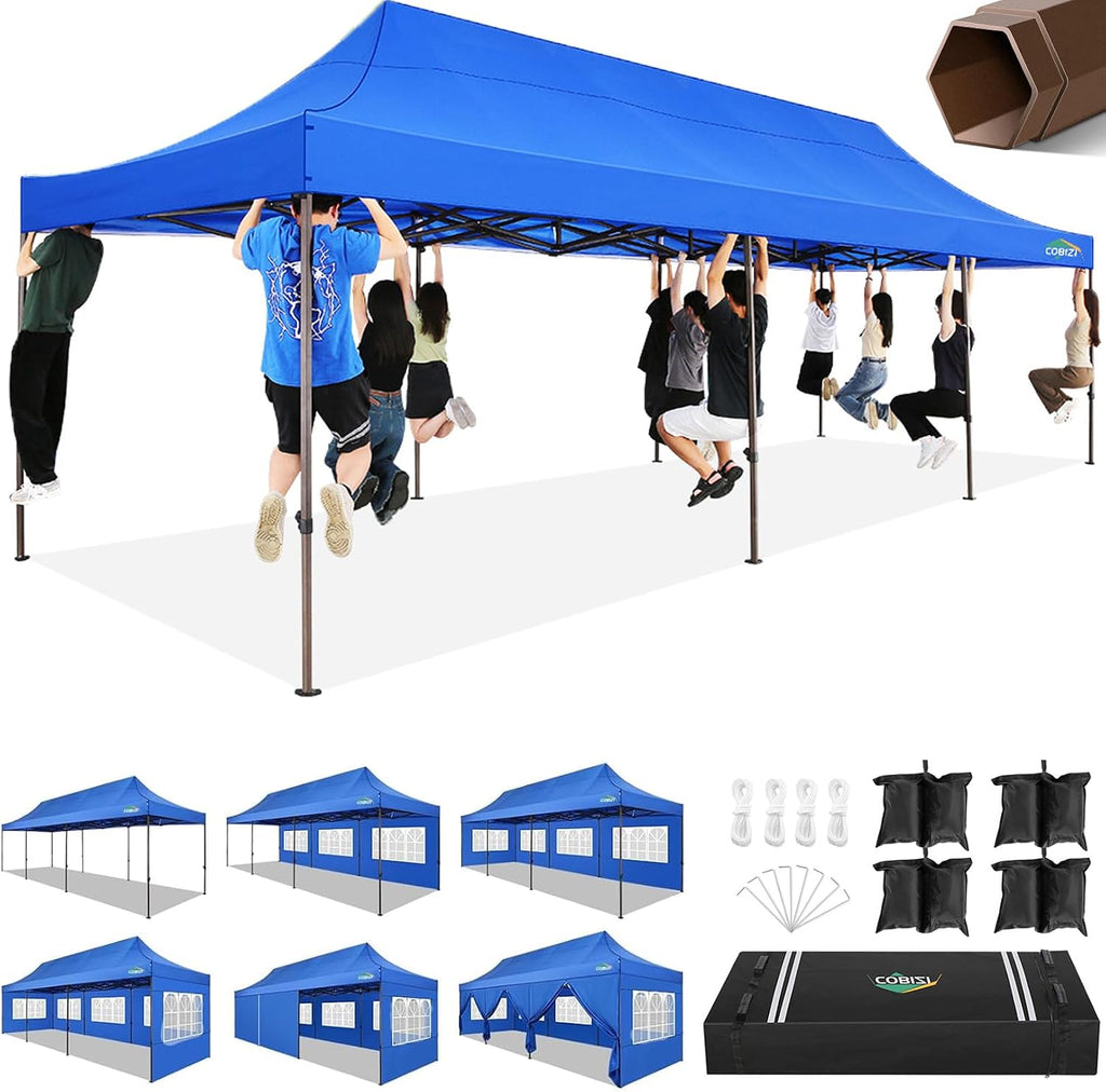 COBIZI 10x30 Pop Up Heavy Duty Canopy with 8 Sidewalls and Hexagonal Legs, Easy up Tent for Party, Wedding and Commercial, Outdoor Canopy with Roller Bag, Sand Bags, Waterproof & UPF50+ (Blue)