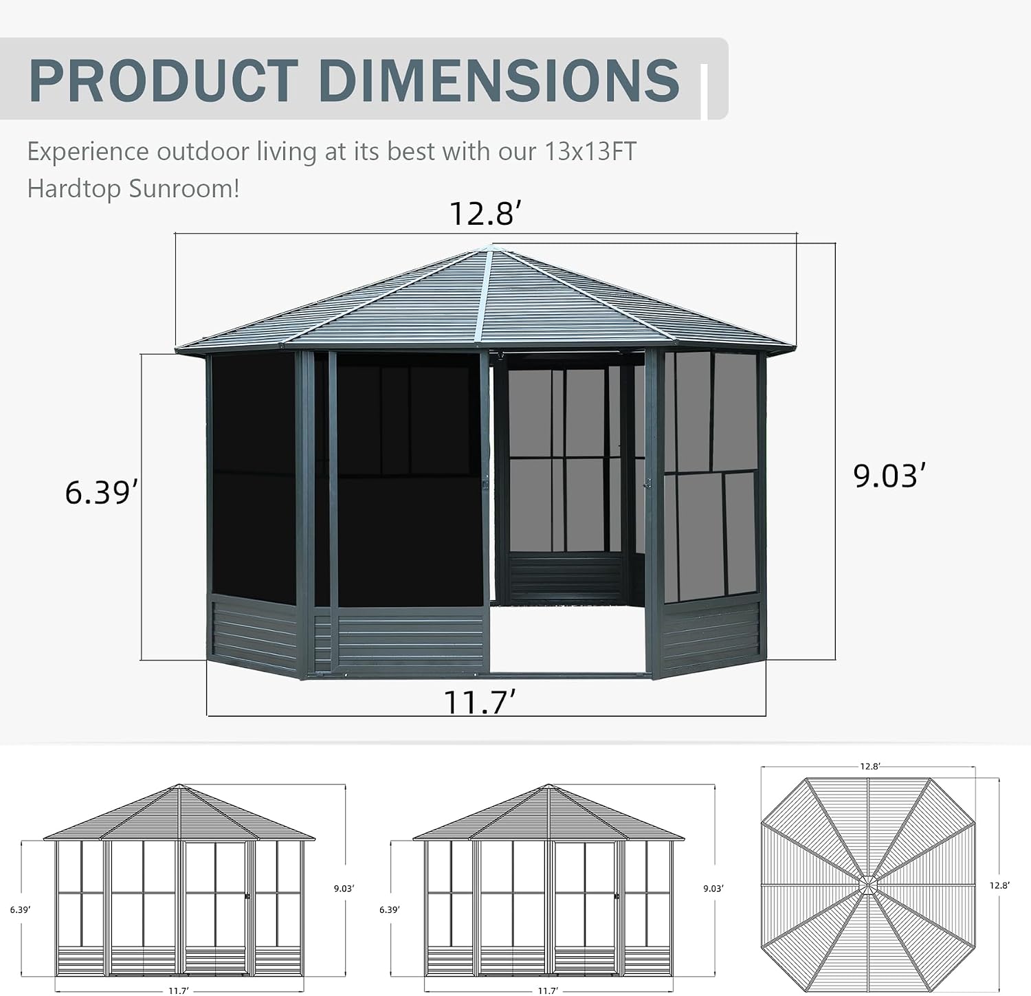 Domi 13x13FT Sunroom, Octagonal Solarium Aluminum Hardtop Gazebo with Galvanized Steel Roof, Detachable PE Screen, Sliding Door, Sun Room Pavilion Gazebo for Deck Backyard Garden