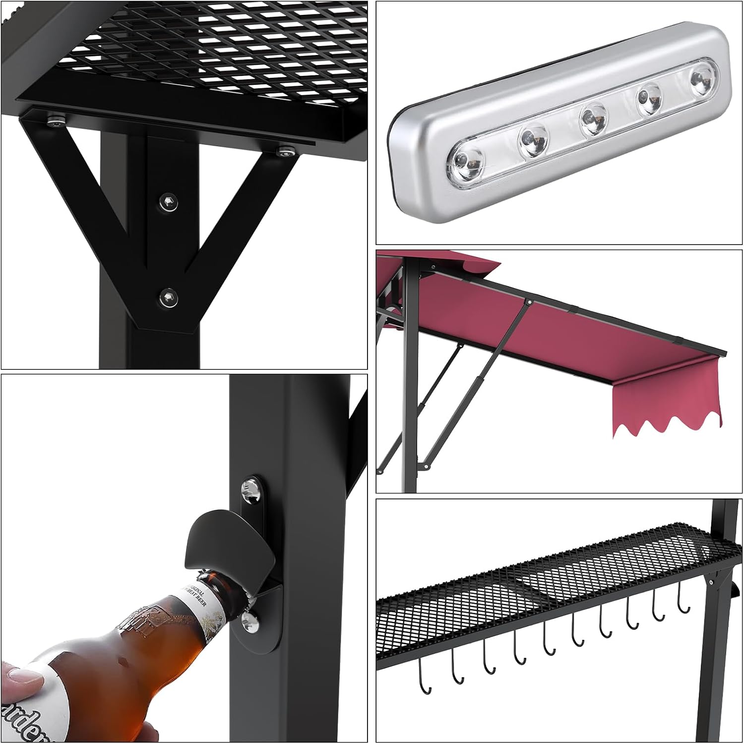 Grill Gazebo, Outdoor BBQ Canopy with Double Extra Awning, Double Tiered Roof Grill Canopy Tent with LED Lights, Weather Resistant Gazebo Shelter for Backyard, Lawn and Patio,Claret