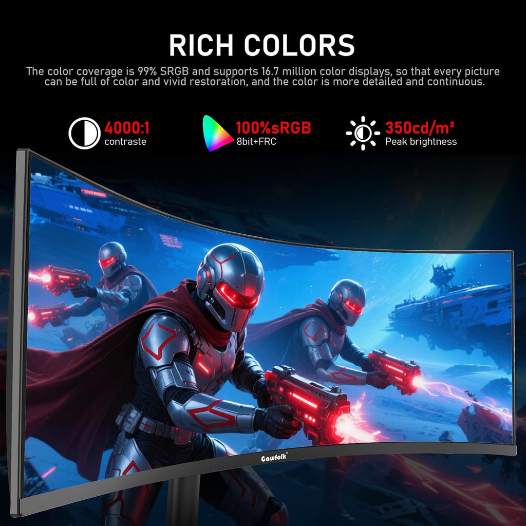 Gawfolk 34 Inch Ultrawide Curved 180Hz Gaming Computer Monitor 1000R PC screen 21:9 UWQHD (3440x1440) ,1ms,100%sRGB,Adaptive Sync,HDMI、Display Port,Liftable Stand,Wall Mount Compatible 75*75mm-Black