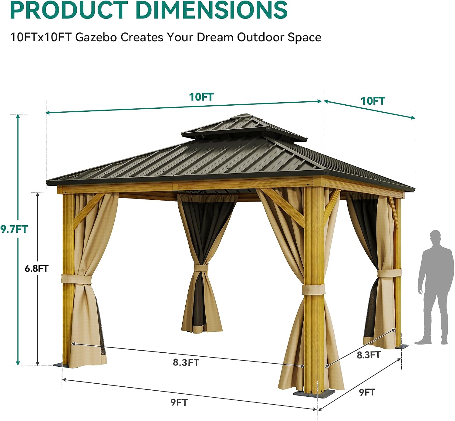 YITAHOME 10x10ft Hardtop Gazebo with Nettings and Curtains, Wood Grain Heavy Duty Double Roof Galvanized Steel Outdoor Combined of Vertical Stripes Roof for Patio, Backyard, Deck, Lawns, Brown